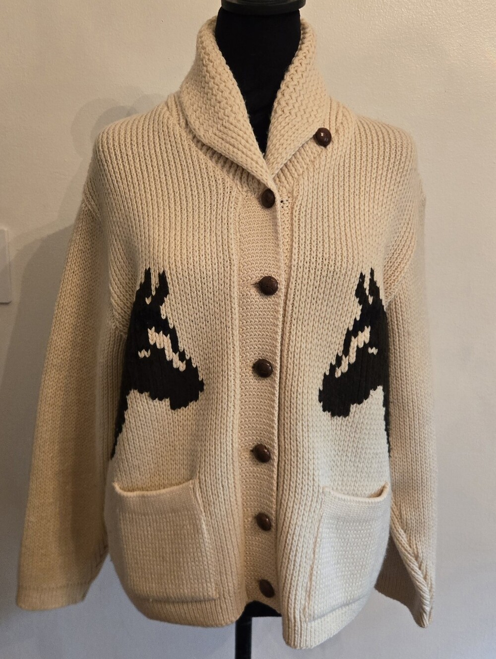 Vintage 60s BR Westerns Cowichan Wool Horse Cardigan Sweater Knit-Rite Mills